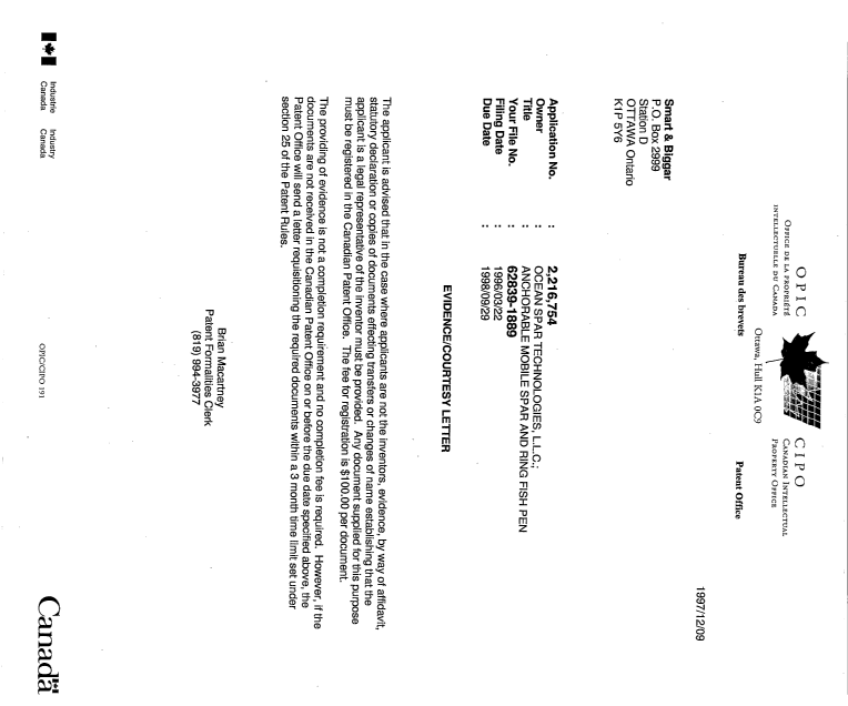 Document de brevet canadien 2216754. Correspondance 19971209. Image 1 de 1