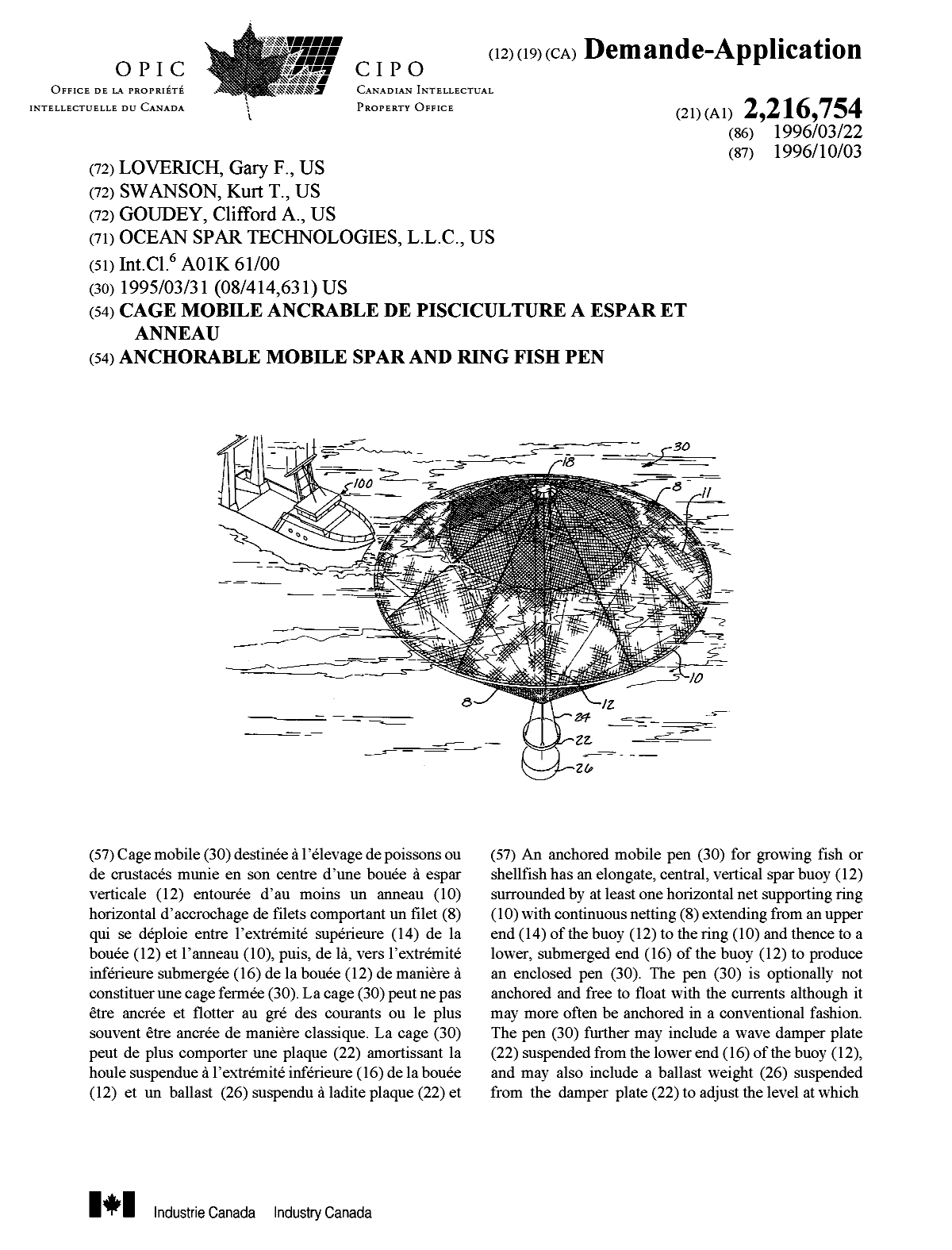 Document de brevet canadien 2216754. Page couverture 19980120. Image 1 de 2