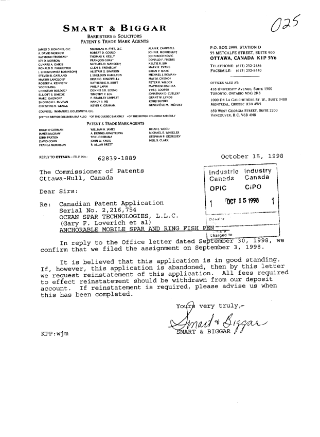 Document de brevet canadien 2216754. Cession 19981015. Image 1 de 1