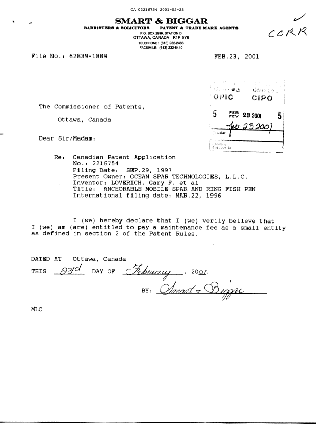 Document de brevet canadien 2216754. Correspondance 20010223. Image 1 de 1