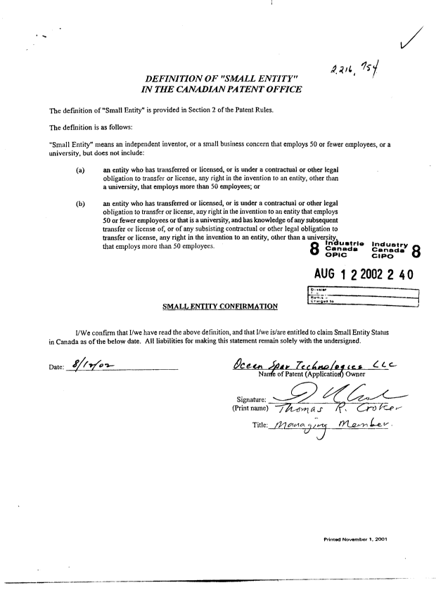 Document de brevet canadien 2216754. Correspondance 20020812. Image 2 de 2