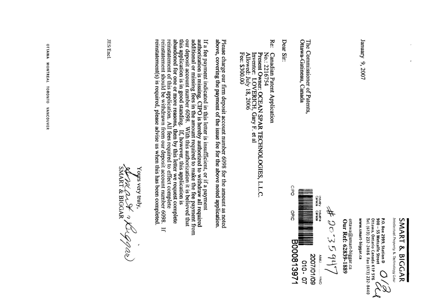 Document de brevet canadien 2216754. Correspondance 20070109. Image 1 de 1