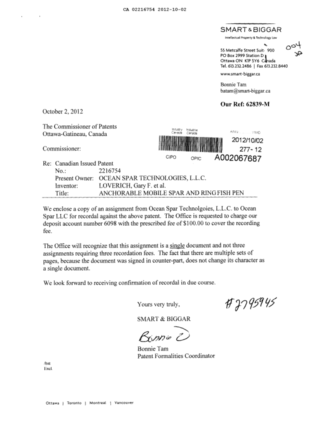 Document de brevet canadien 2216754. Cession 20121002. Image 1 de 8