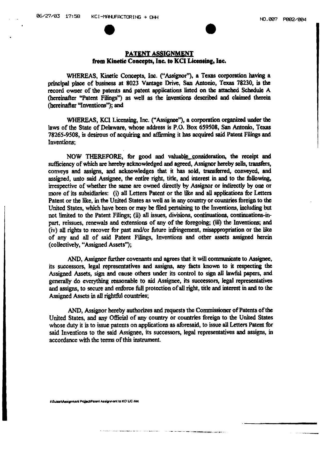 Document de brevet canadien 2216791. Cession 20021207. Image 2 de 4