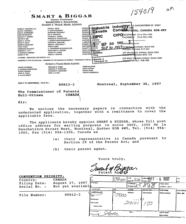 Document de brevet canadien 2216893. Cession 19970930. Image 1 de 3