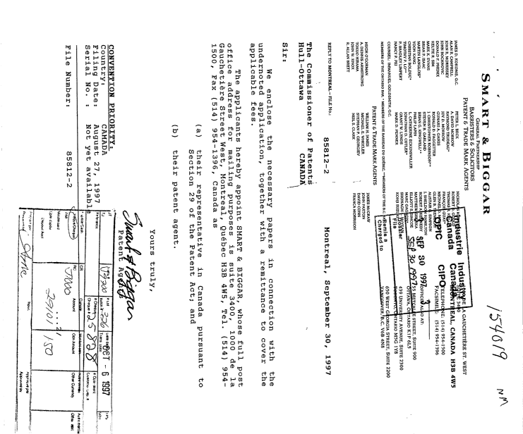 Document de brevet canadien 2216893. Cession 19970930. Image 1 de 4
