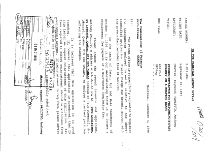 Canadian Patent Document 2216893. Assignment 19981204. Image 1 of 4