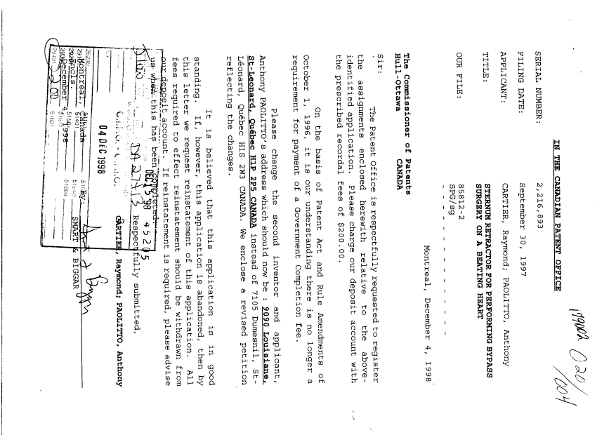 Document de brevet canadien 2216893. Cession 19981204. Image 1 de 4