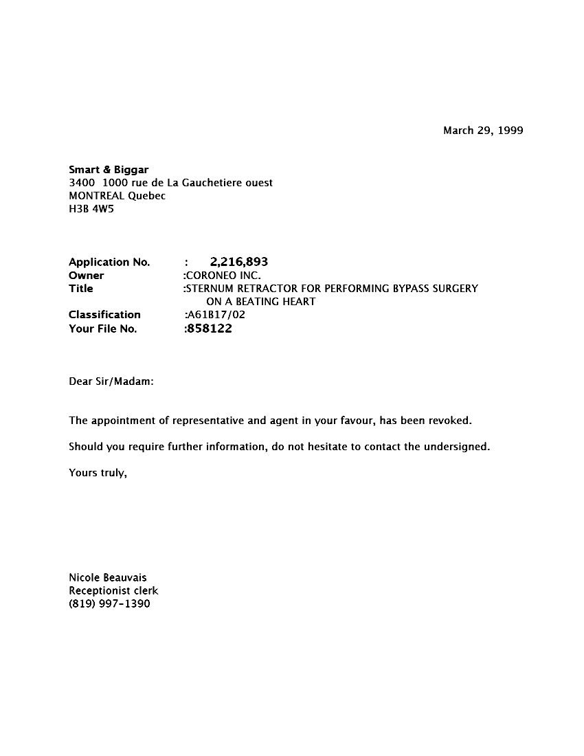 Canadian Patent Document 2216893. Correspondence 19990329. Image 1 of 1
