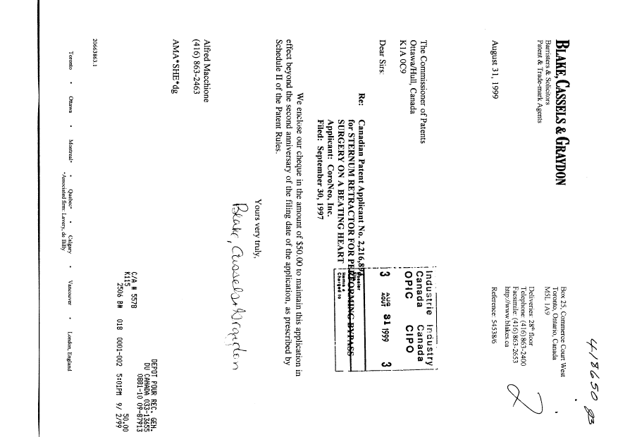 Document de brevet canadien 2216893. Taxes 19990831. Image 1 de 1
