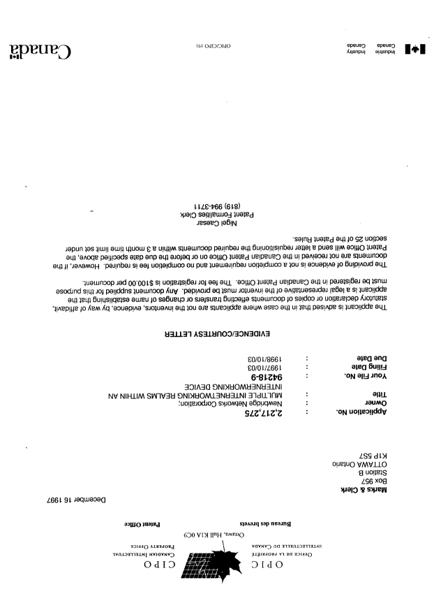 Canadian Patent Document 2217275. Correspondence 19971216. Image 1 of 1