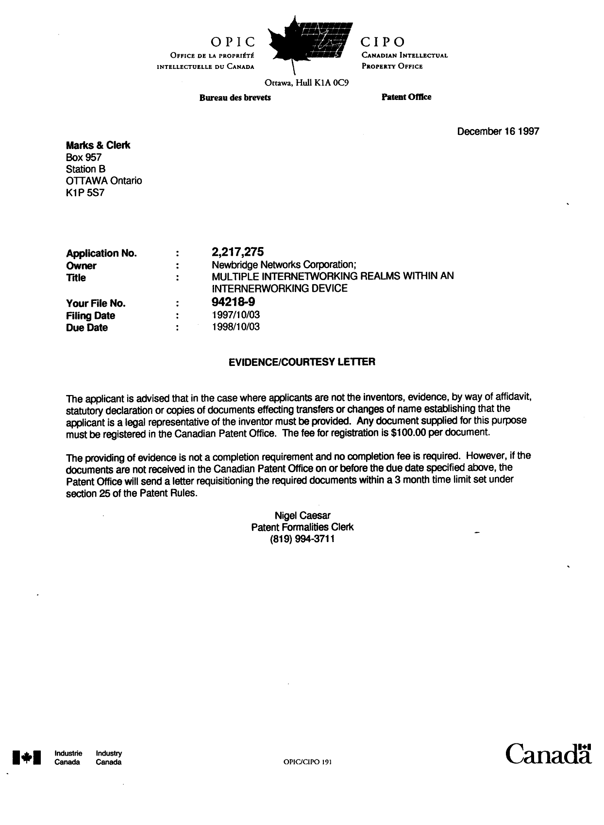 Document de brevet canadien 2217275. Correspondance 19971216. Image 1 de 1