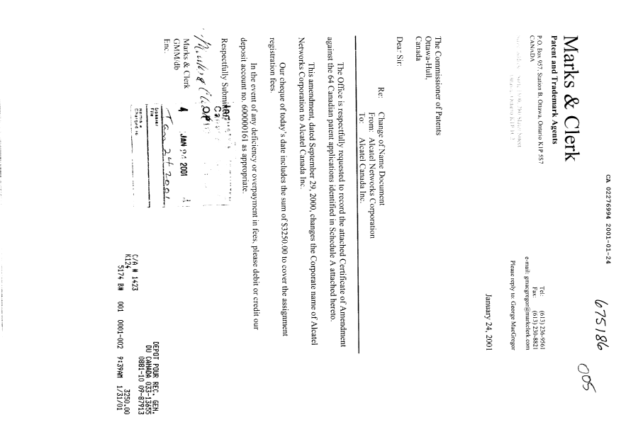Canadian Patent Document 2217275. Assignment 20001224. Image 1 of 6