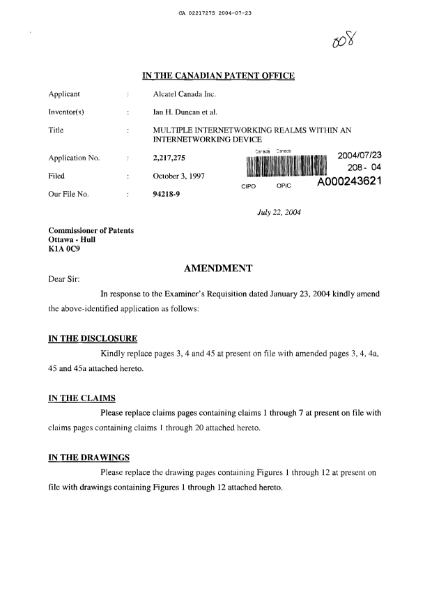 Document de brevet canadien 2217275. Poursuite-Amendment 20031223. Image 1 de 17