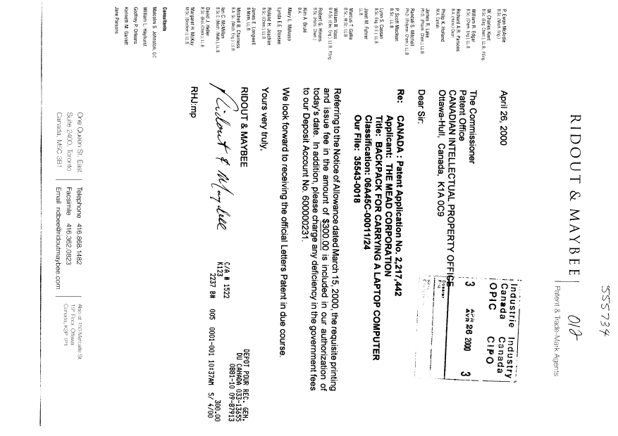 Document de brevet canadien 2217442. Correspondance 20000426. Image 1 de 1