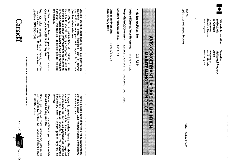 Document de brevet canadien 2217814. Correspondance 20101209. Image 1 de 1