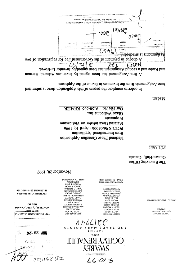 Document de brevet canadien 2217948. Cession 19971128. Image 1 de 8