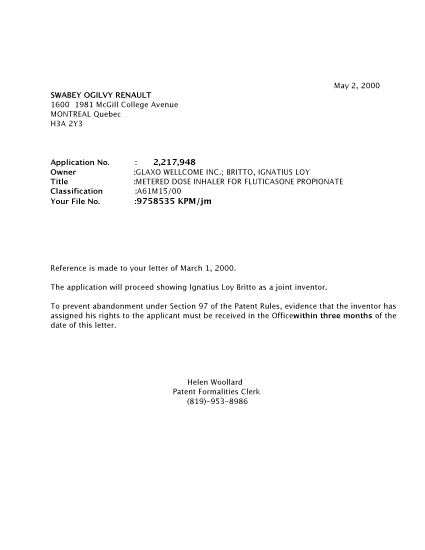 Document de brevet canadien 2217948. Correspondance 20000426. Image 1 de 1