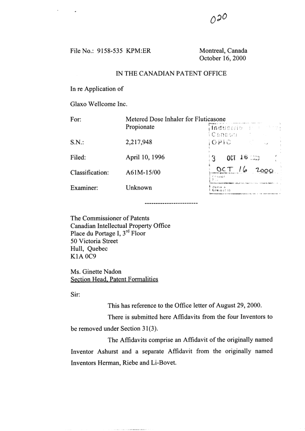 Document de brevet canadien 2217948. Correspondance 20001016. Image 1 de 10