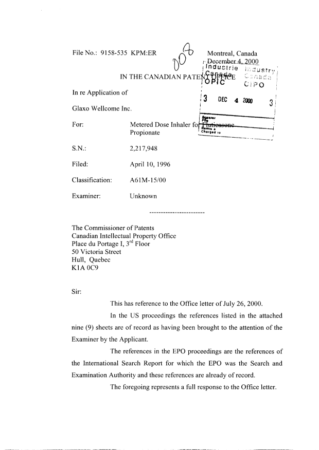 Document de brevet canadien 2217948. Poursuite-Amendment 20001204. Image 1 de 11