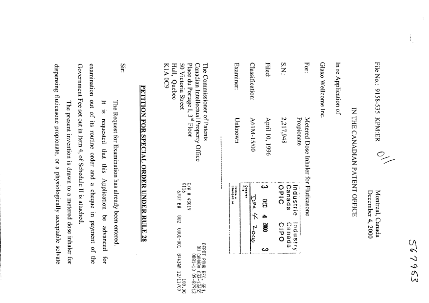 Canadian Patent Document 2217948. Prosecution-Amendment 20001204. Image 1 of 3