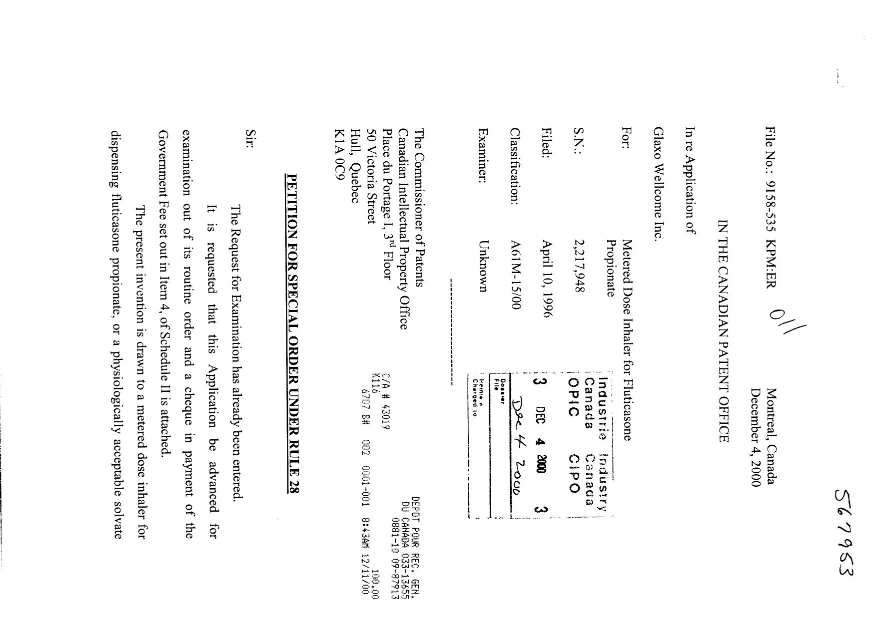 Document de brevet canadien 2217948. Poursuite-Amendment 20001204. Image 1 de 3