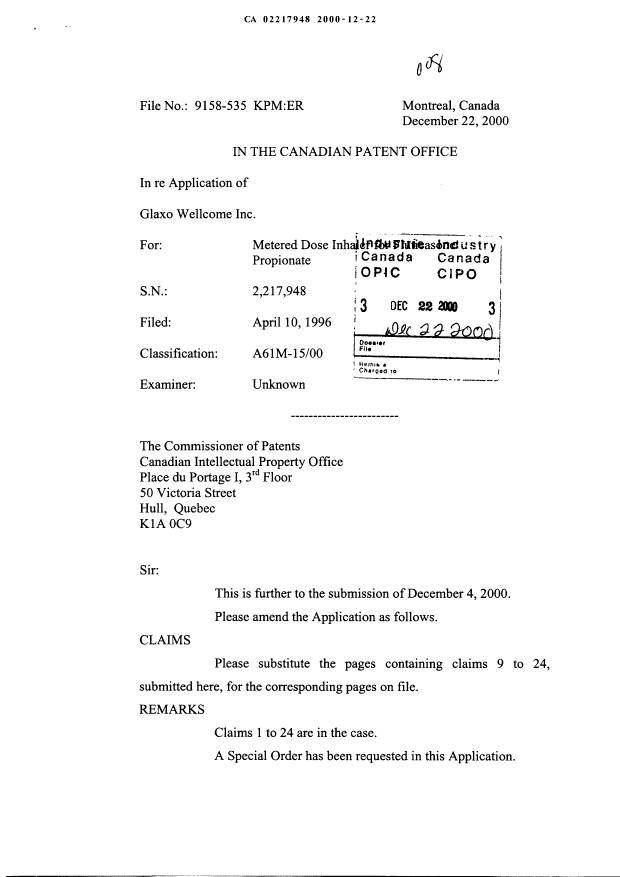 Canadian Patent Document 2217948. Prosecution-Amendment 20001222. Image 1 of 4
