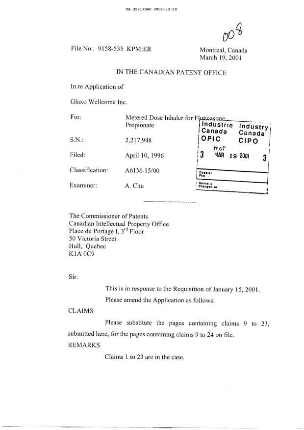 Canadian Patent Document 2217948. Prosecution-Amendment 20010319. Image 1 of 9