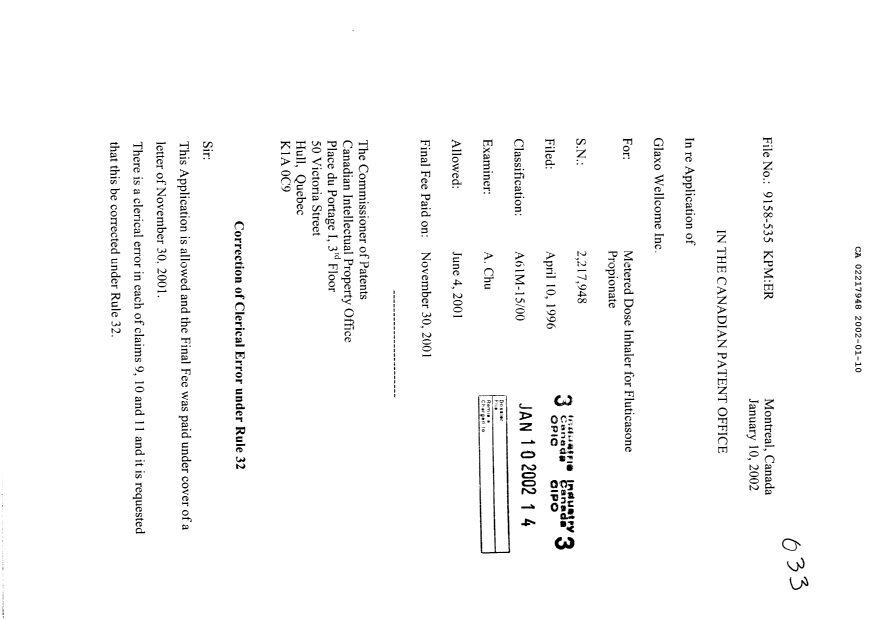 Document de brevet canadien 2217948. Correspondance 20020110. Image 1 de 3