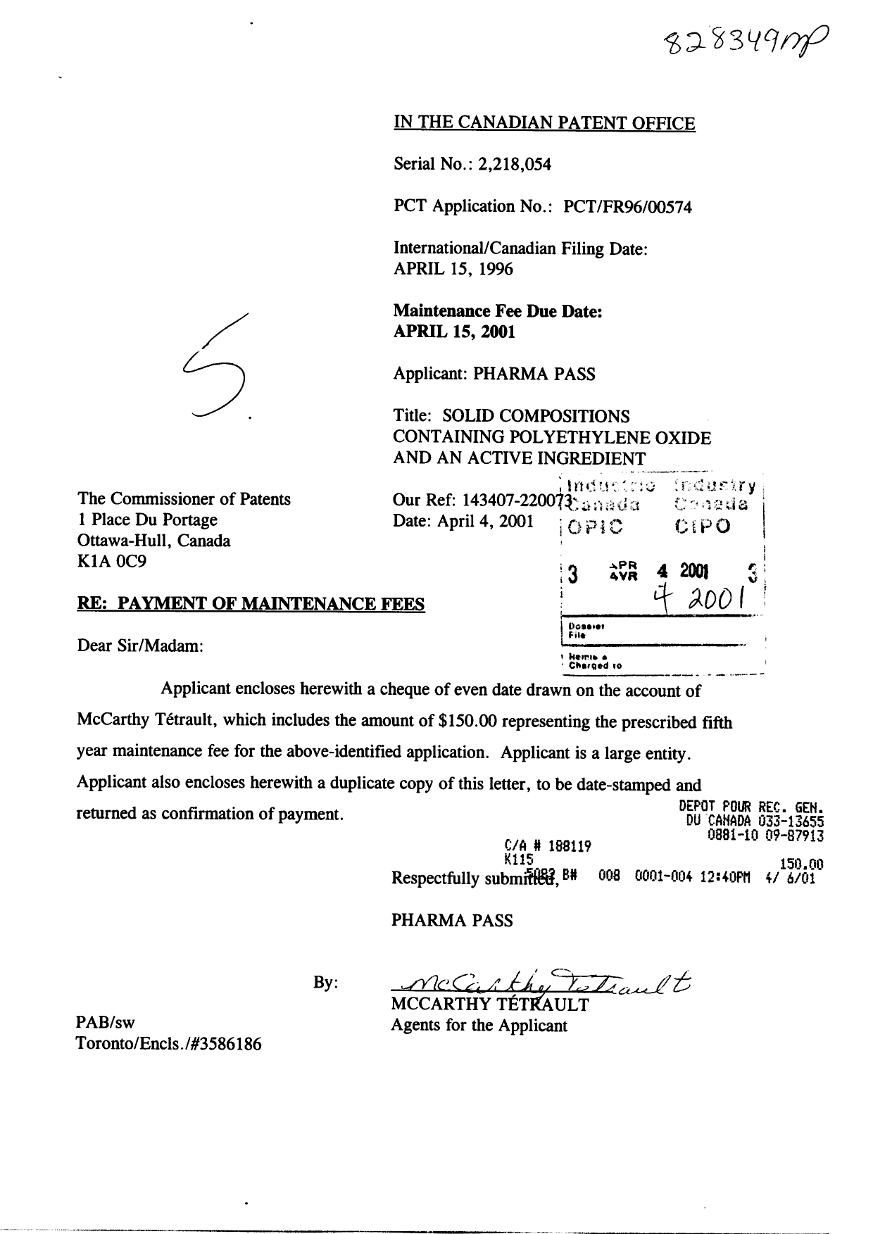 Document de brevet canadien 2218054. Taxes 20010404. Image 1 de 1