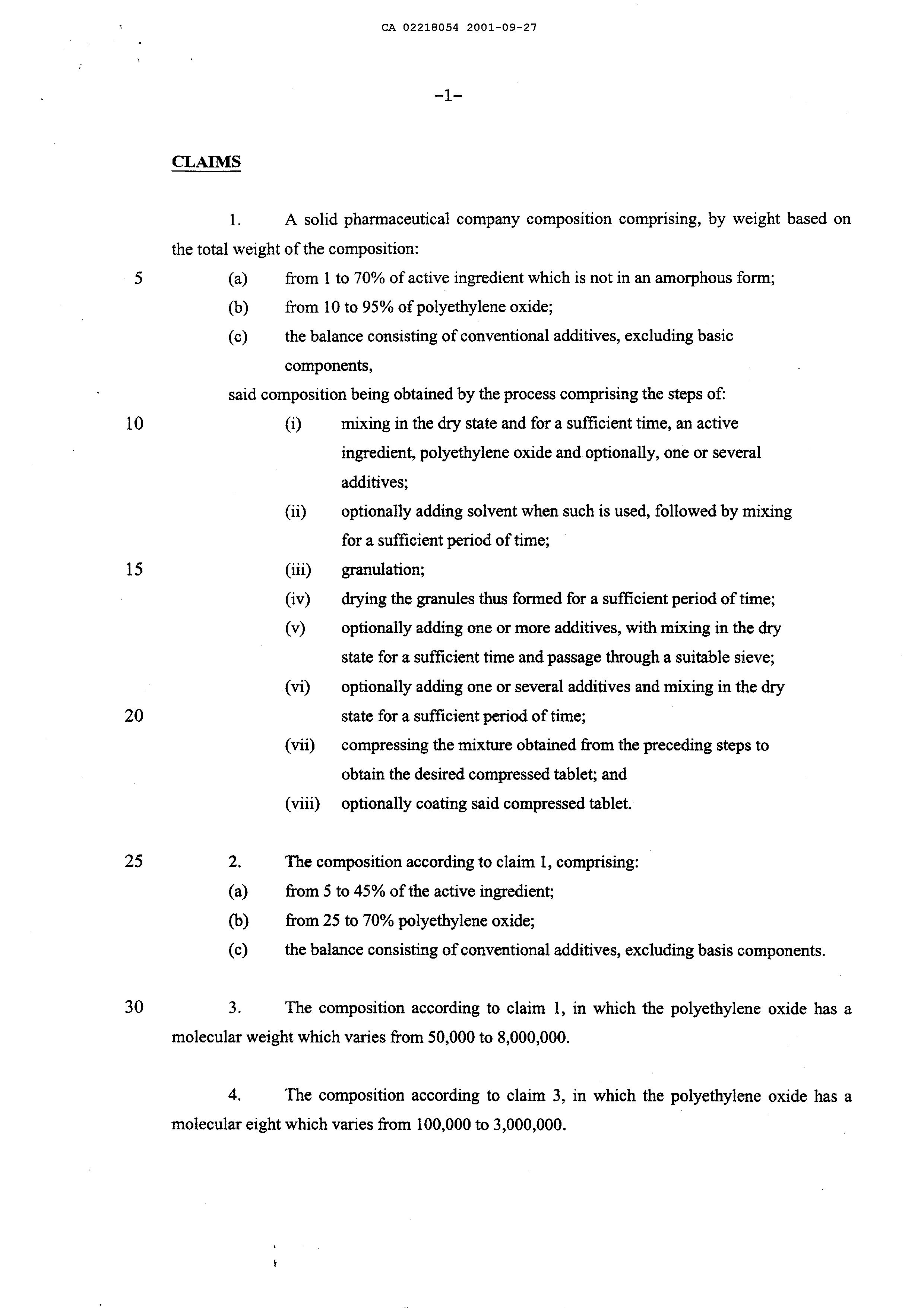 Canadian Patent Document 2218054. Claims 20010927. Image 1 of 3
