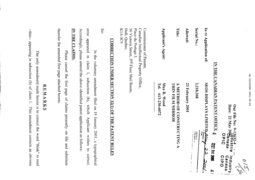 Document de brevet canadien 2218368. Correspondance 20010522. Image 1 de 2