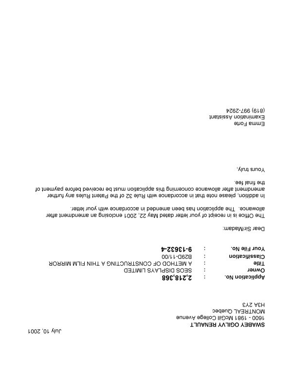 Canadian Patent Document 2218368. Prosecution-Amendment 20010710. Image 1 of 1