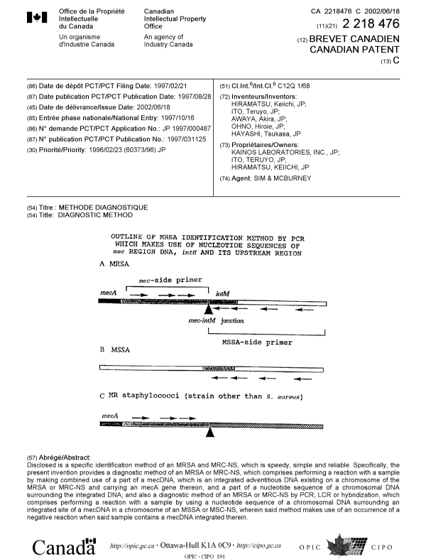 Canadian Patent Document 2218476. Cover Page 20020514. Image 1 of 1