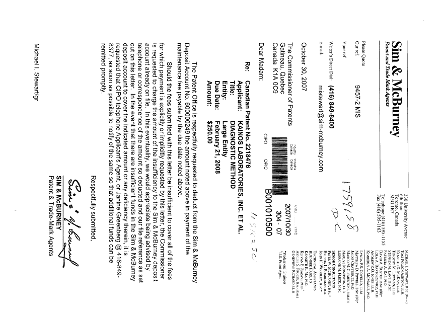 Document de brevet canadien 2218476. Taxes 20071030. Image 1 de 1