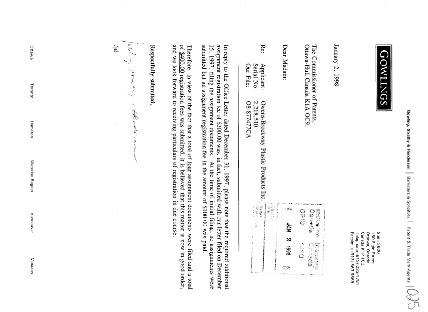 Document de brevet canadien 2218510. Cession 19980102. Image 1 de 1