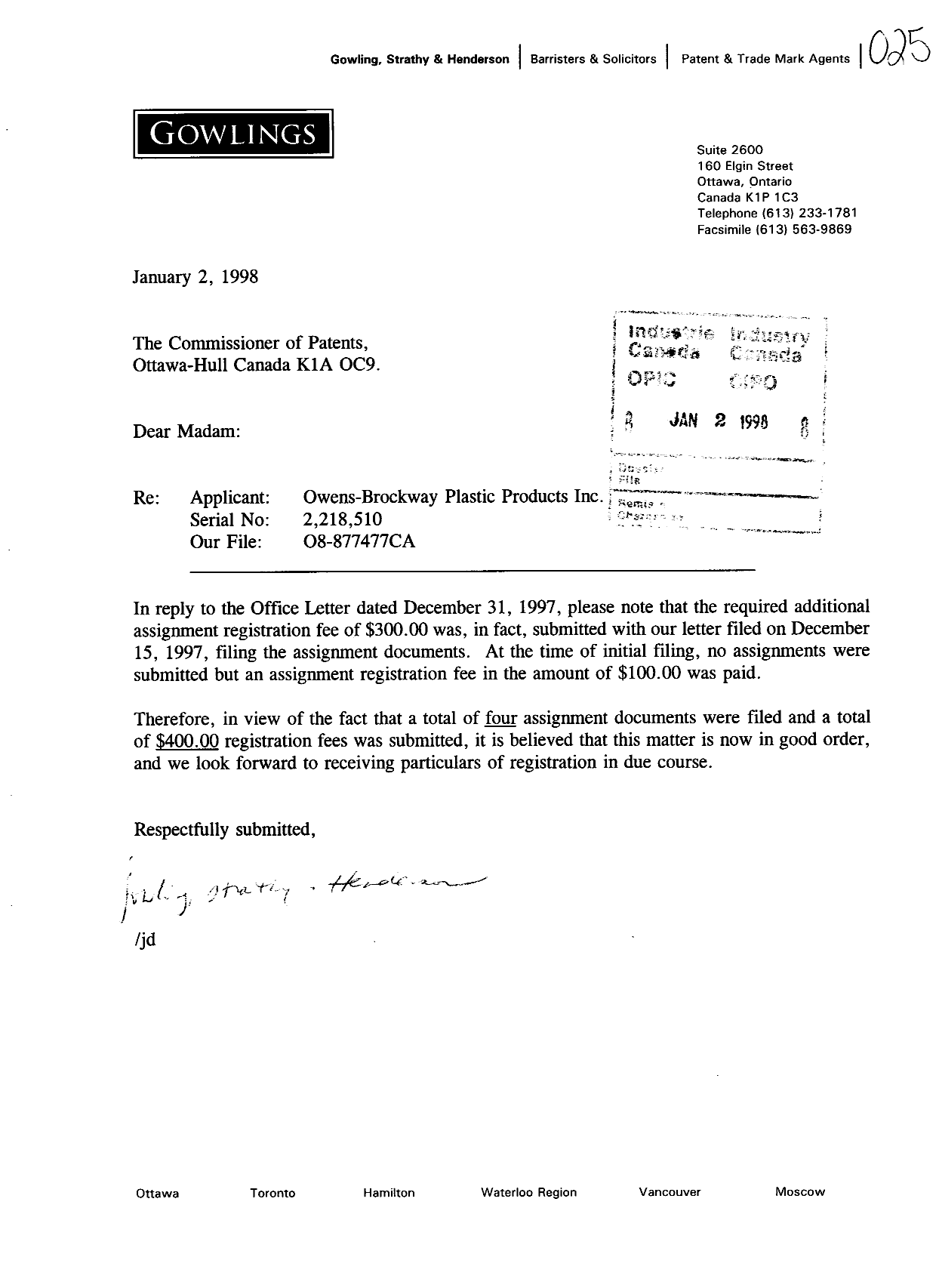 Document de brevet canadien 2218510. Cession 19980102. Image 1 de 1