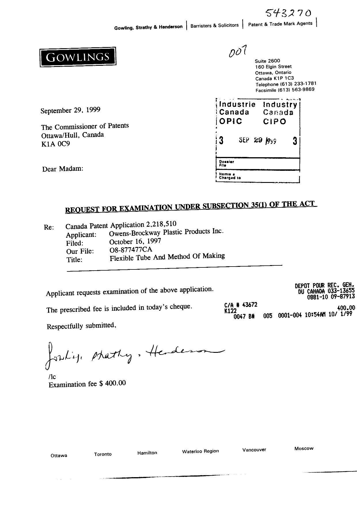 Document de brevet canadien 2218510. Poursuite-Amendment 19990929. Image 1 de 1
