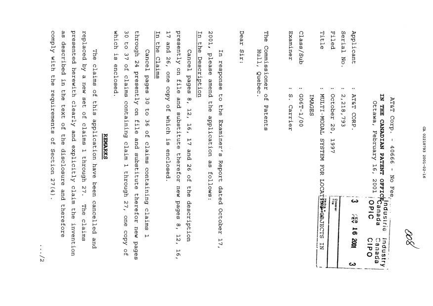 Document de brevet canadien 2218793. Poursuite-Amendment 20010216. Image 1 de 15