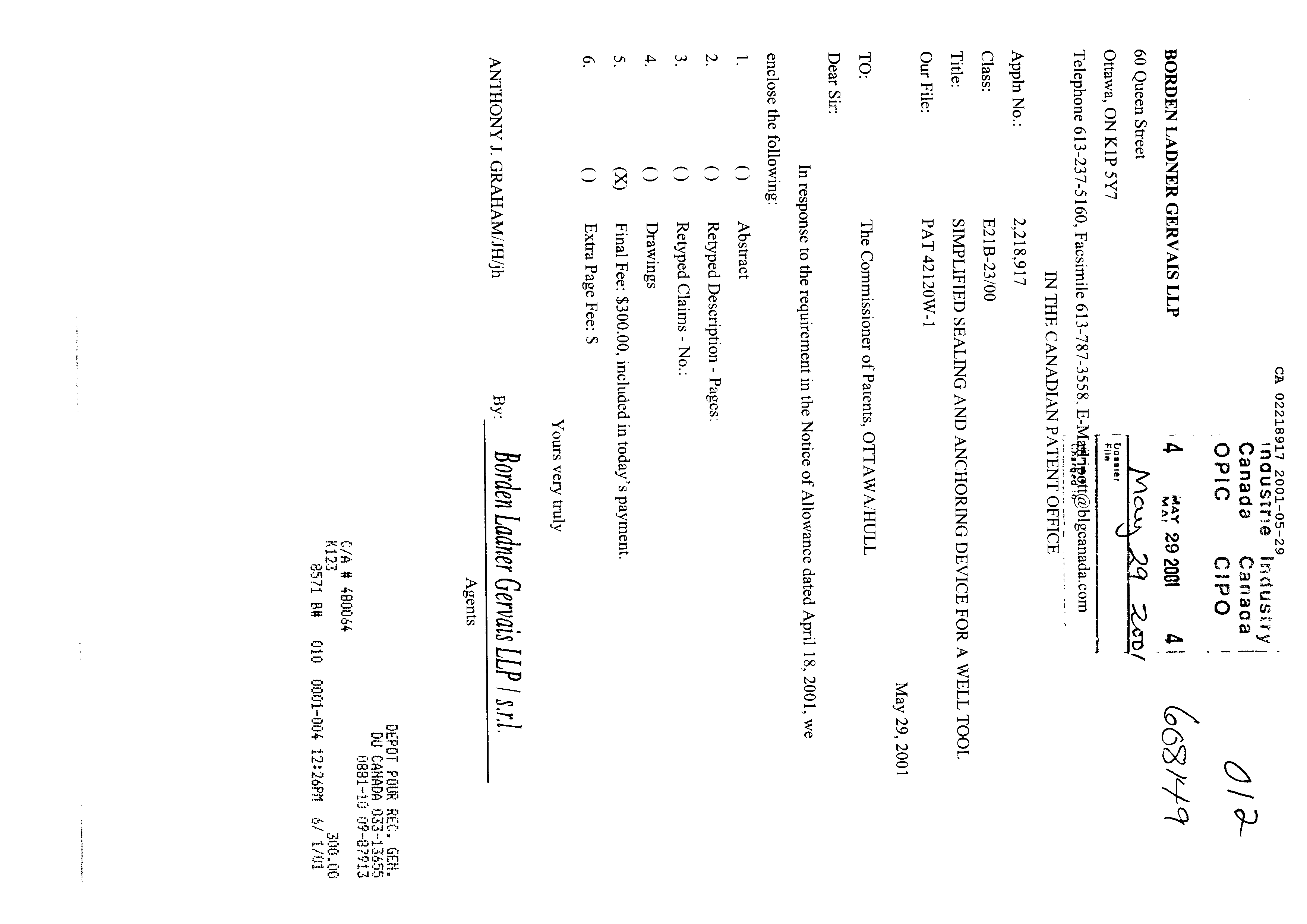 Canadian Patent Document 2218917. Correspondence 20001229. Image 1 of 1