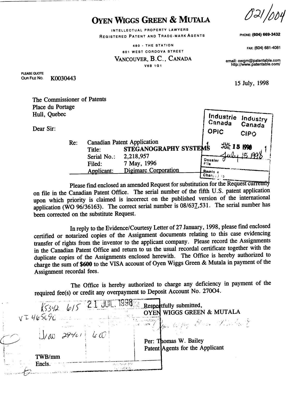 Document de brevet canadien 2218957. Cession 19980715. Image 1 de 25