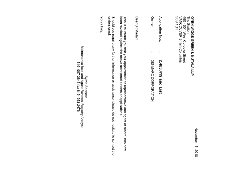 Document de brevet canadien 2218957. Correspondance 20101115. Image 1 de 1