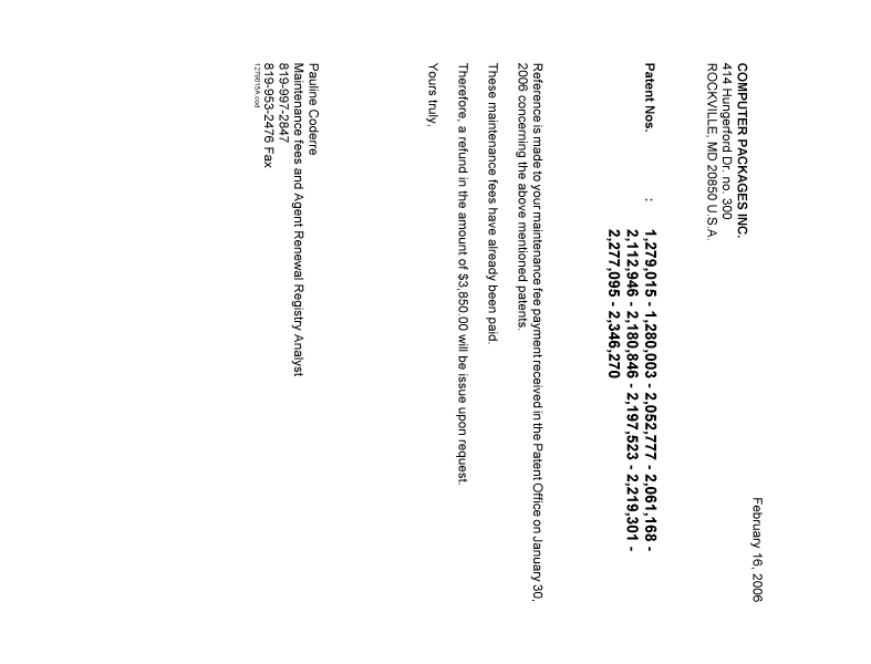Document de brevet canadien 2219301. Correspondance 20060216. Image 1 de 1