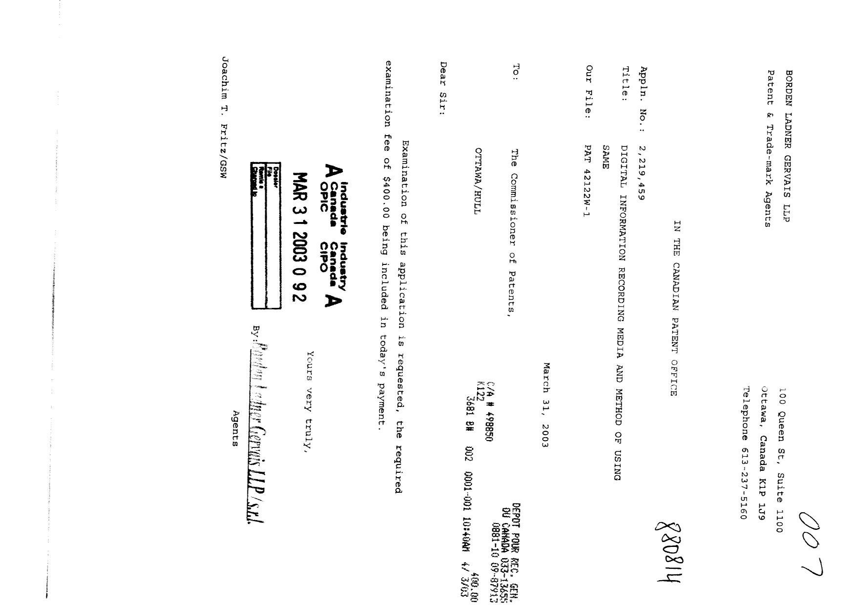 Canadian Patent Document 2219459. Prosecution-Amendment 20030331. Image 1 of 1