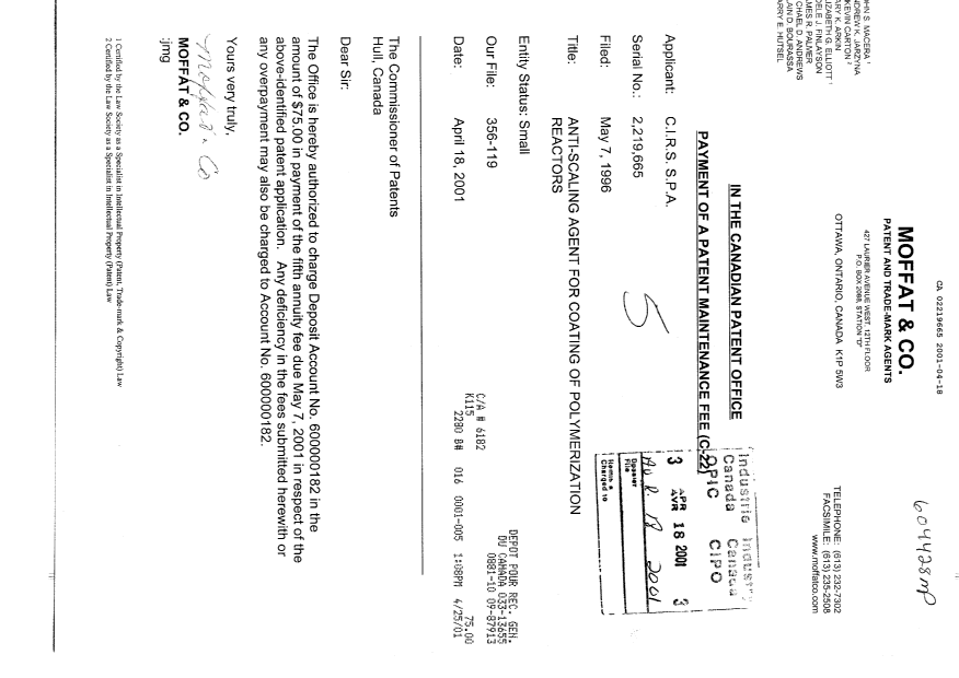 Document de brevet canadien 2219665. Taxes 20010418. Image 1 de 1