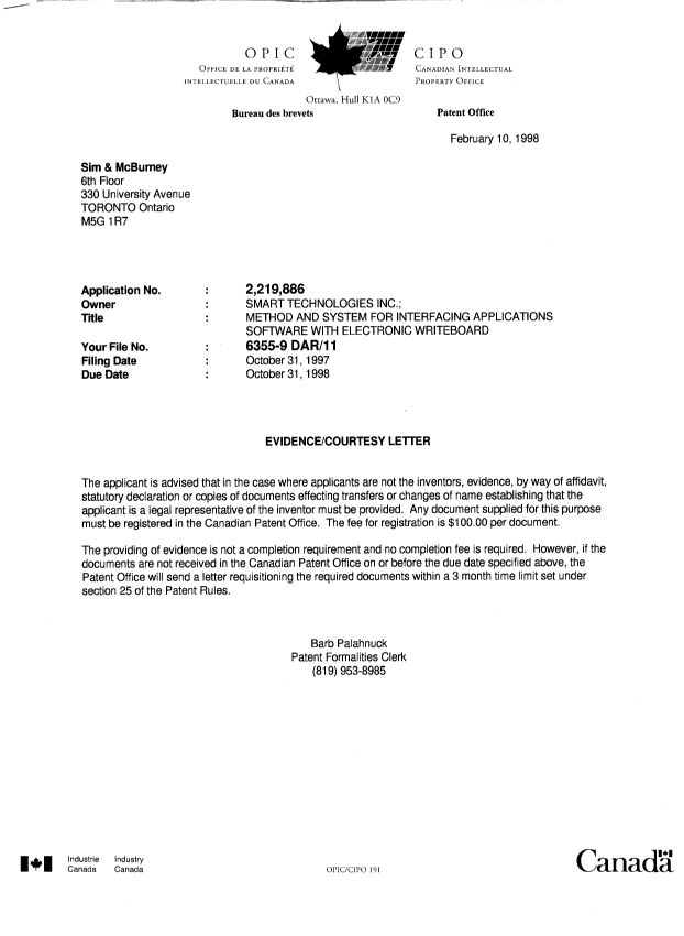 Canadian Patent Document 2219886. Correspondence 19980205. Image 1 of 1