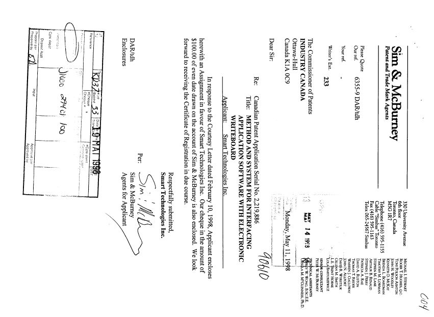 Document de brevet canadien 2219886. Cession 19980514. Image 1 de 4
