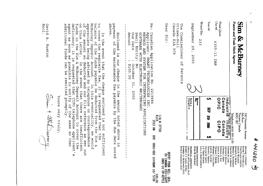 Document de brevet canadien 2219886. Taxes 20000929. Image 1 de 1
