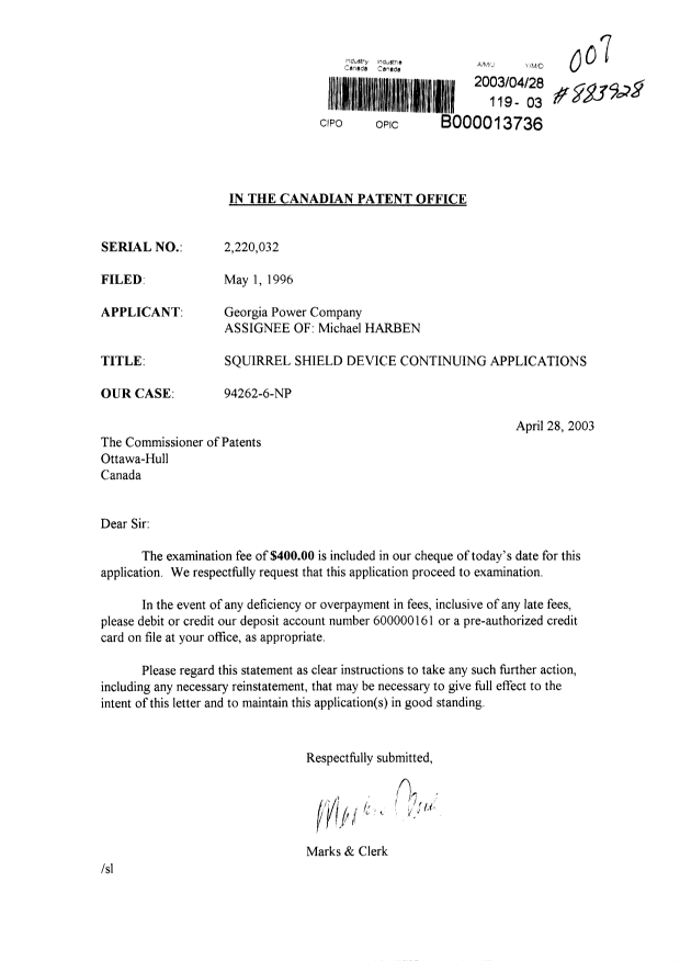 Document de brevet canadien 2220032. Poursuite-Amendment 20030428. Image 1 de 1