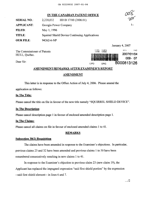 Canadian Patent Document 2220032. Prosecution-Amendment 20070104. Image 1 of 13